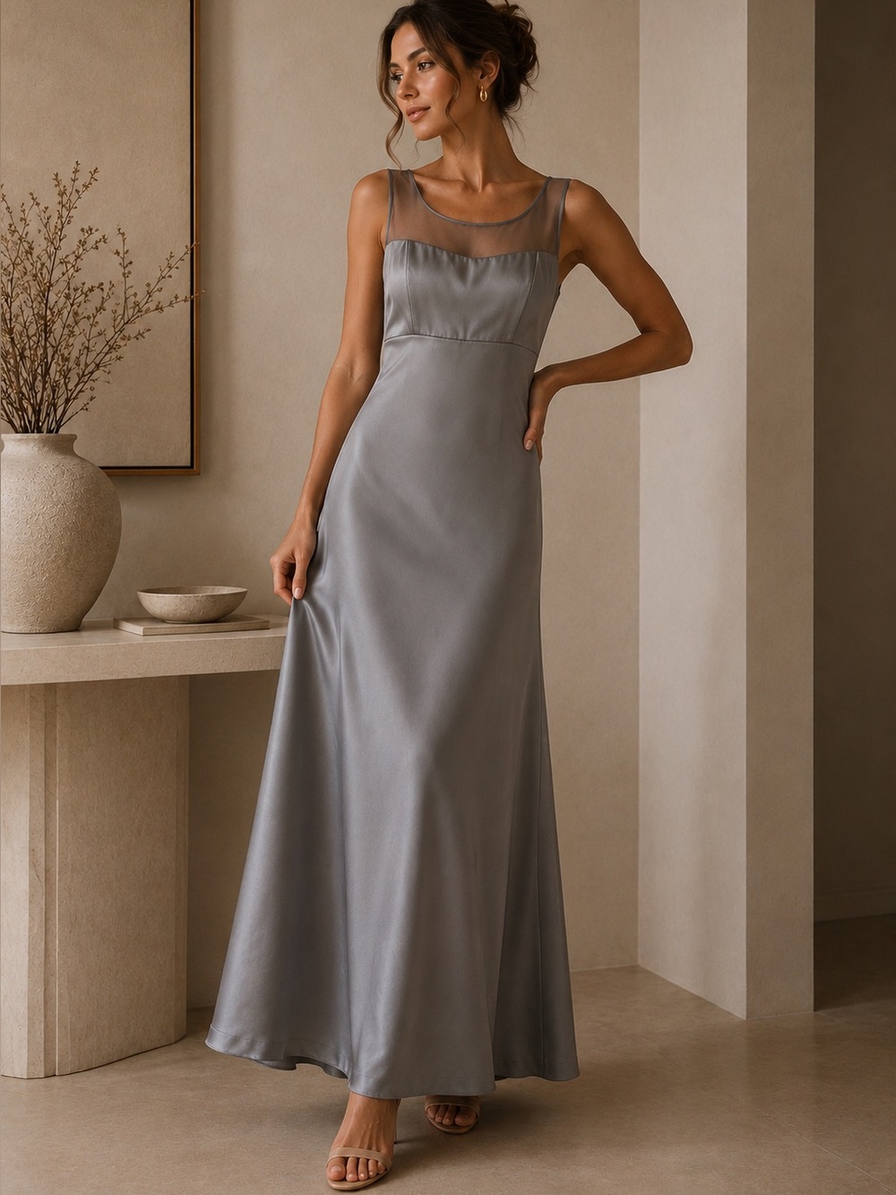 Dessy Vintage Satin Evening Gown Silver